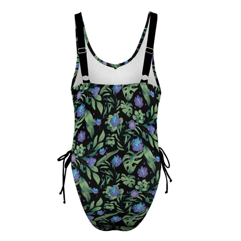 Jungle Flower-Women's-One-Piece-Swimsuit-Black-Purple-Product-Back-View