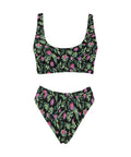 Jungle-Flower-Womens-Bikini-Set-Black-Pink-Front-View