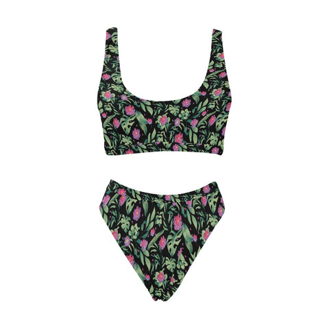 Jungle-Flower-Womens-Bikini-Set-Black-Pink-Front-View
