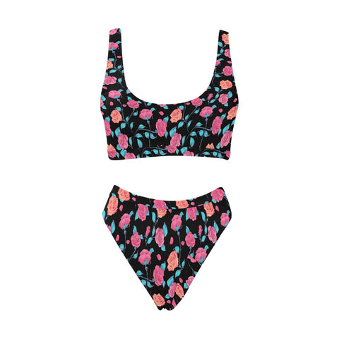 Painted-Roses-Womens-Bikini-Set-Black-Front-View