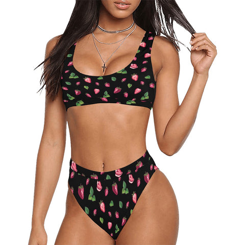 Strawberry-Womens-Bikini-Set-Black-Model-Front-View