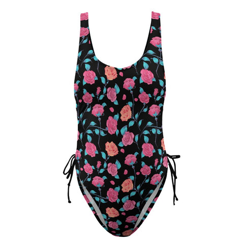 Painted-Roses-Women's-One-Piece-Swimsuit-Black-Product-Front-View