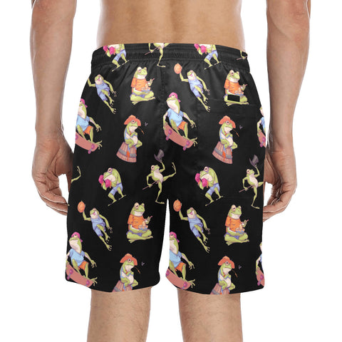 Frogs-Doing-Things-Men's-Swim-Trunks-Black-Model-Back-View