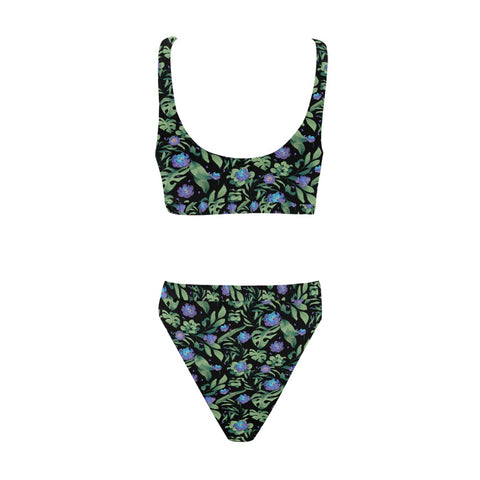 Jungle-Flower-Womens-Bikini-Set-Black-Purple-Back-View