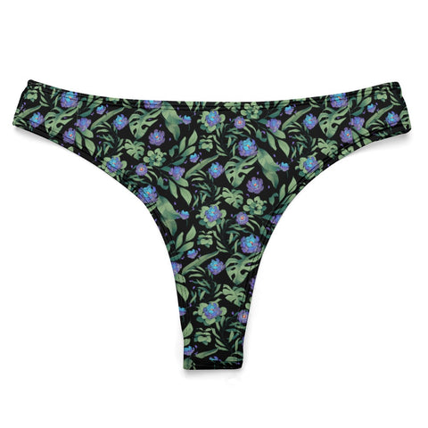 Jungle-Flower-Womens-Thong-Black-Purple-Product-Front-View
