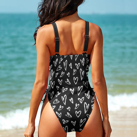 Crazy-Hearts-Women's-One-Piece-Swimsuit-Black-Model-Back-View