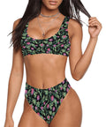 Jungle-Flower-Womens-Bikini-Set-Black-Pink-Model-Front-View