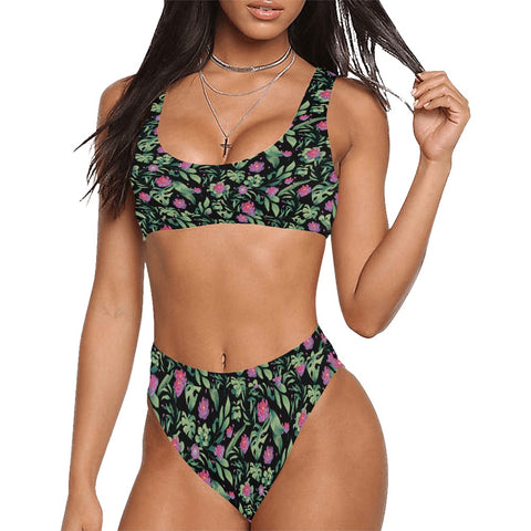 Jungle-Flower-Womens-Bikini-Set-Black-Pink-Model-Front-View