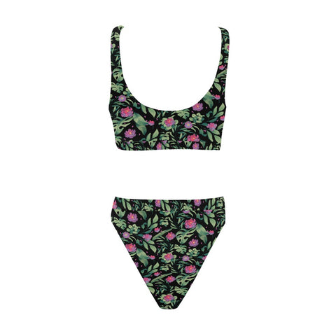 Jungle-Flower-Womens-Bikini-Set-Black-Pink-Back-View