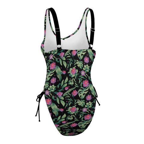 Jungle Flower-Women's-One-Piece-Swimsuit-Black-Pink-Product-Side-View