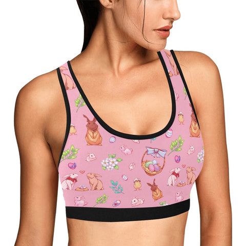 Pink variation of womens bralette with an easter pattern, front view lifestyle photo