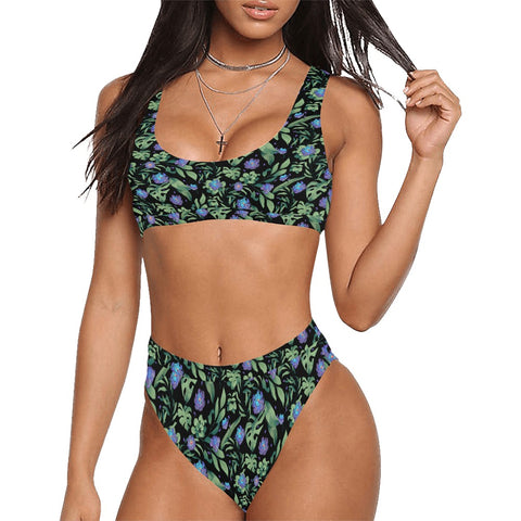 Jungle-Flower-Womens-Bikini-Set-Black-Purple-Model-Front-View