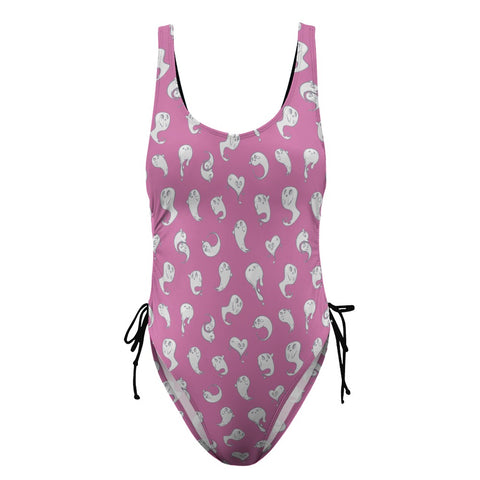 Retro-Ghost-Women's-One-Piece-Swimsuit-Pink-Product-Front-View