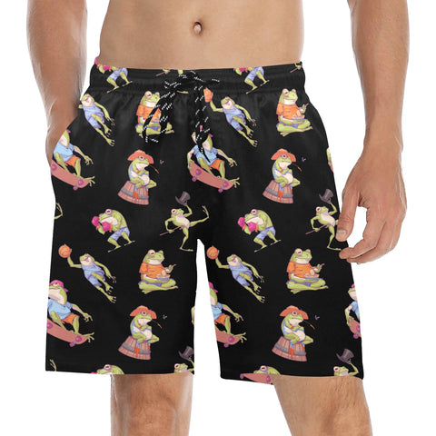Frogs-Doing-Things-Men's-Swim-Trunks-Black-Model-Front-View