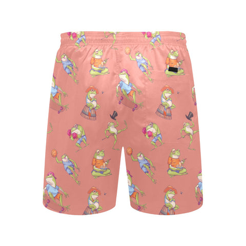 Frogs-Doing-Things-Men's-Swim-Trunks-Coral-Back-View