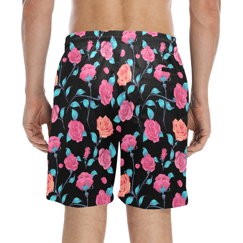 Painted-Roses-Mens-Swim-Trunks-Black-Model-Back-View