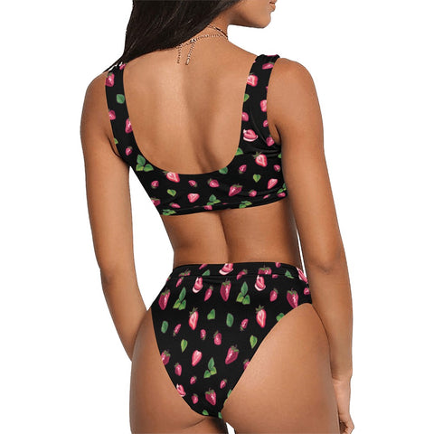 Strawberry-Womens-Bikini-Set-Black-Model-Back-View
