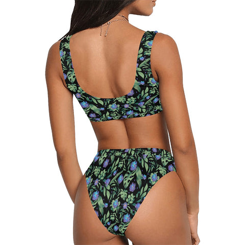 Jungle-Flower-Womens-Bikini-Set-Black-Purple-Model-Back-View