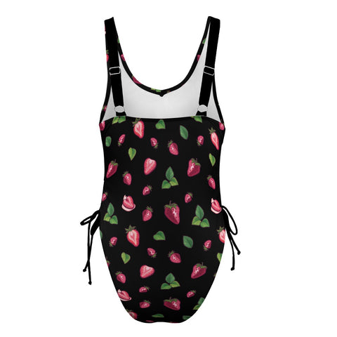 Strawberry-Womens-One-Piece-Swimsuit-Black-Product-Back-View