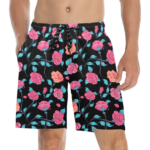 Painted-Roses-Mens-Swim-Trunks-Black-Model-Front-View