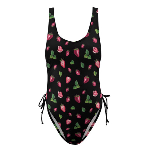 Strawberry-Womens-One-Piece-Swimsuit-Black-Product-Front-View