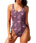 Flamingo-Women's-One-Piece-Swimsuit-Eggplant-Model-Front-View