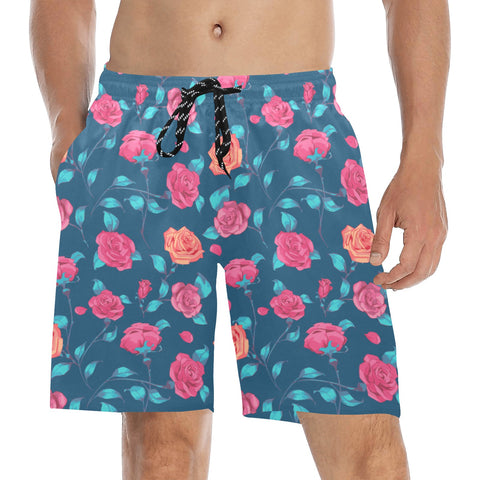 Painted-Roses-Mens-Swim-Trunks-Blue-Model-Front-View