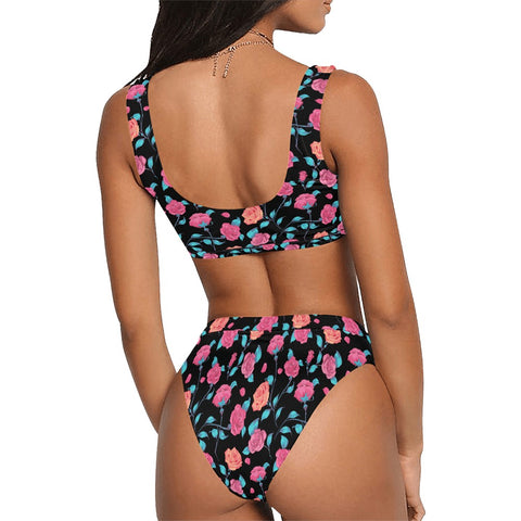 Painted-Roses-Womens-Bikini-Set-Black-Model-Back-View