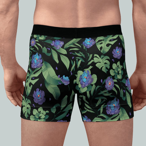 Jungle-Flower-Mens-Boxer-Briefs-Black-Purple-Rear-View