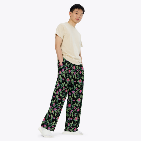 Jungle-Flower-Mens-Pajama-Black-Pink-Semi-Side-View