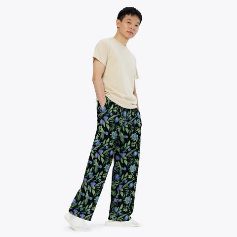 Jungle-Flower-Mens-Pajama-Black-Purple-Semi-Side-View