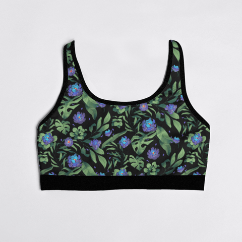 Jungle-Flower-Womens-Bralette-Black-Purple-Prodcut-Front-View