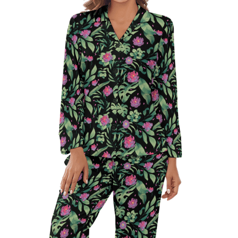 Jungle-Flower-Womens-Pajama-Black-Pink-Front-View
