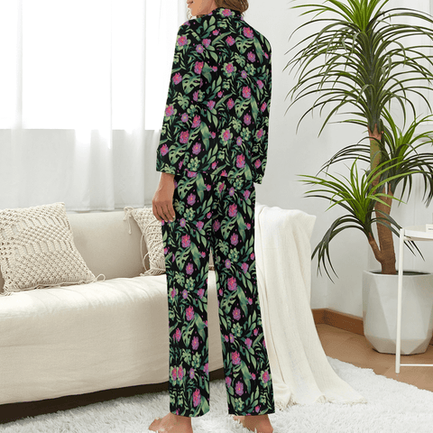 Jungle-Flower-Womens-Pajama-Black-Pink-Rear-View