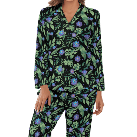 Jungle-Flower-Womens-Pajama-Black-Purple-Front-View