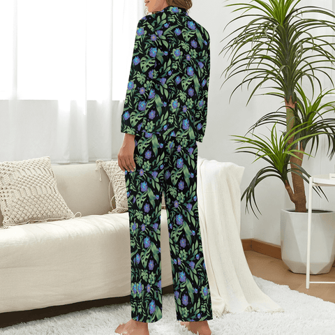 Jungle-Flower-Womens-Pajama-Black-Purple-Rear-View