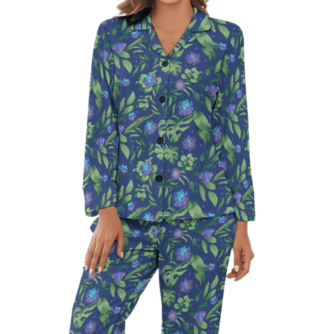 Jungle-Flower-Womens-Pajama-Blue-Purple-Front-View