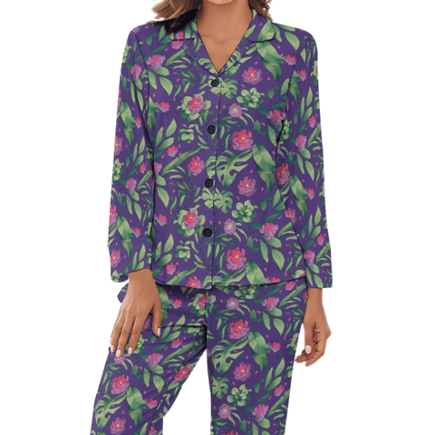 Jungle-Flower-Womens-Pajama-Purple-Pink-Front-View