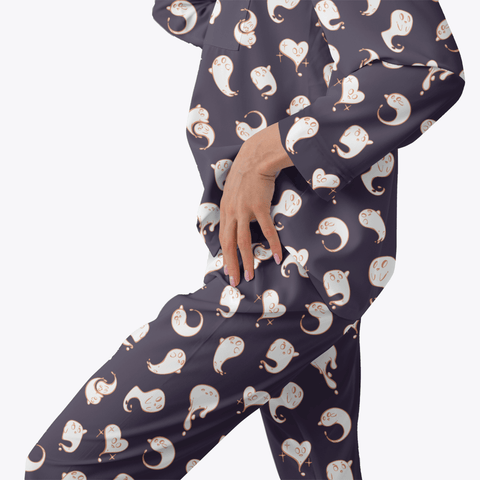 Retro-Ghost-Womens-Pajama-Midnight-Blue-Semi-Side-View