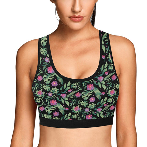 Jungle-Flower-Womens-Bralette-Black-Pink-Model-Front-View