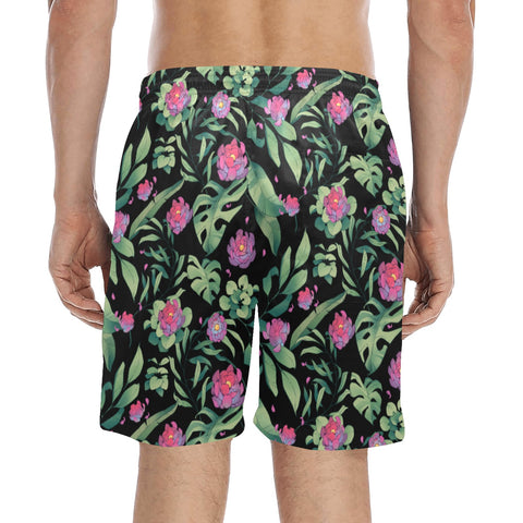 Jungle-Flower-Mens-Swim-Trunks-Black-Pink-Model-Back-View