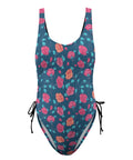 Painted-Roses-Women's-One-Piece-Swimsuit-Blue-Product-Front-View