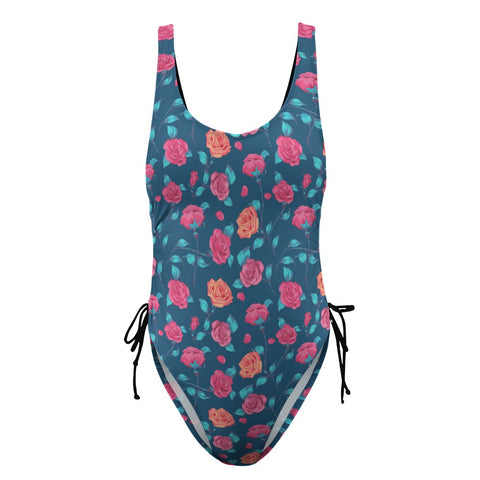 Painted-Roses-Women's-One-Piece-Swimsuit-Blue-Product-Front-View