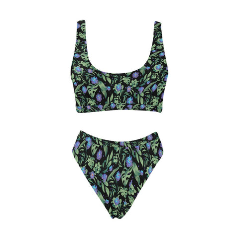 Jungle-Flower-Womens-Bikini-Set-Black-Purple-Front-View