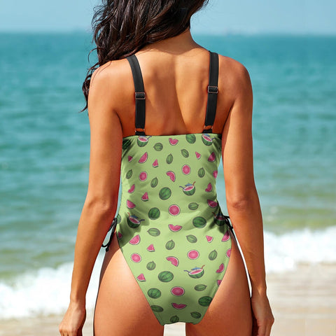 Watermelon-Womens-One-Piece-Swimsuit-Lime-Green-Model-Back-View