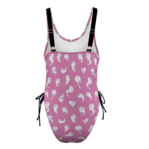 Retro-Ghost-Women's-One-Piece-Swimsuit-Pink-Product-Back-View