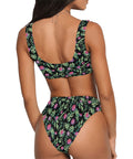 Jungle-Flower-Womens-Bikini-Set-Black-Pink-Model-Back-View