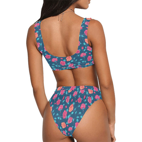 Painted-Roses-Womens-Bikini-Set-Blue-Model-Back-View