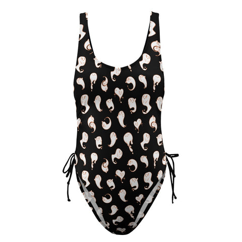 Retro-Ghost-Women's-One-Piece-Swimsuit-Black-Product-Front-View