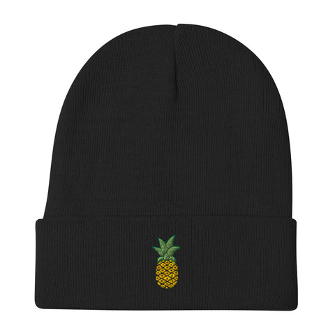 Pineapple-Embroidered-Beanie-Black-Front-View